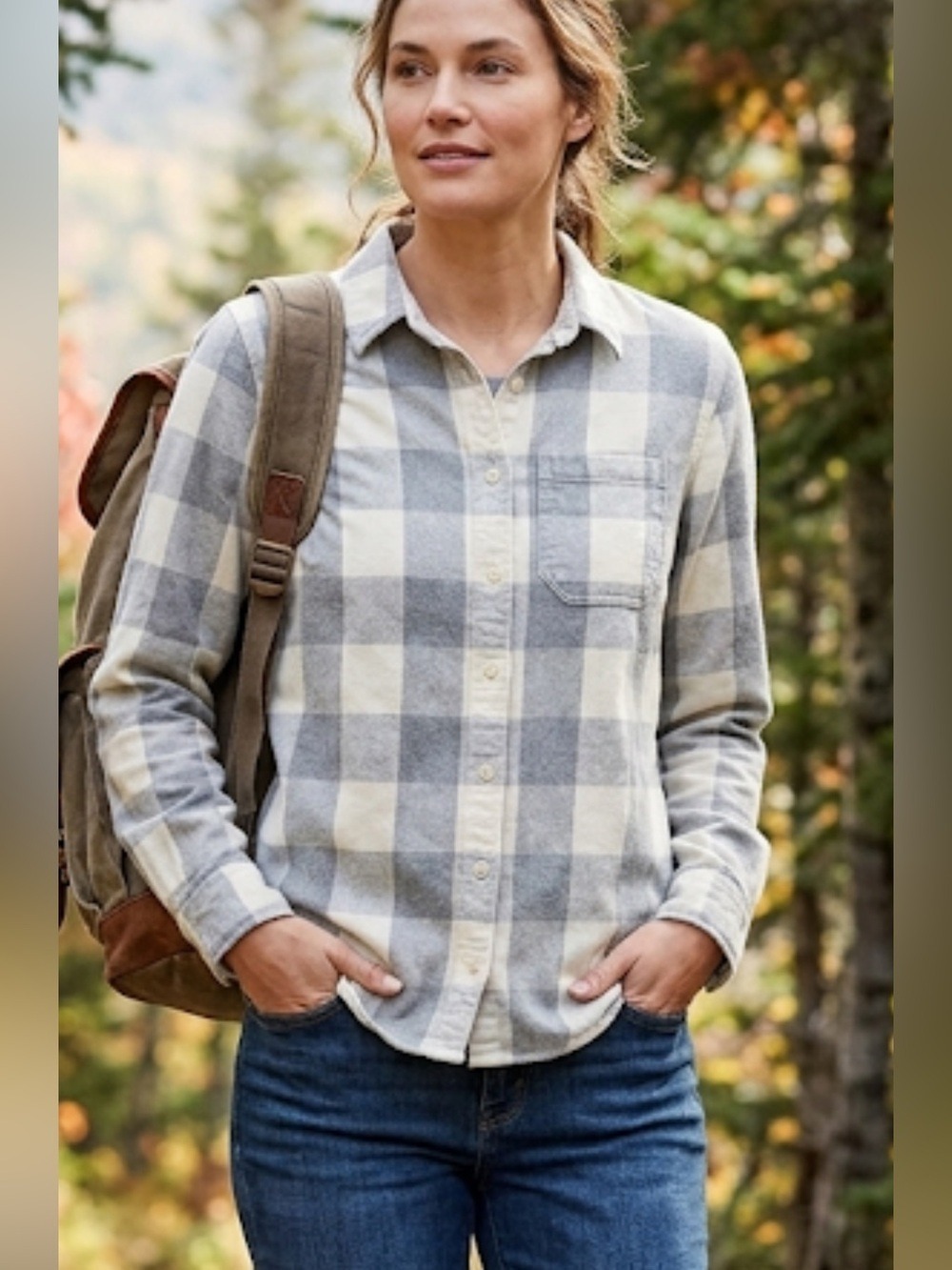 L.L. Bean Gray & Cream Plaid Flannel Button-Down Shirt XS